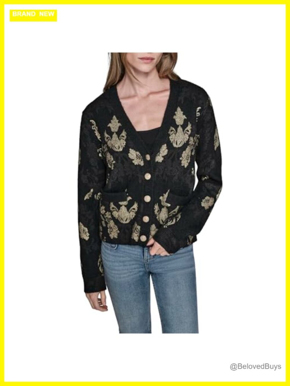 Karl Lagerfeld Long Sleeve V Neck Patterned Cardigan Sweater
